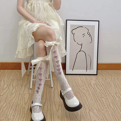 Silk Ribbon Bow Balletcore White Cream Black Purple Rose Lace Knee High Socks Stockings