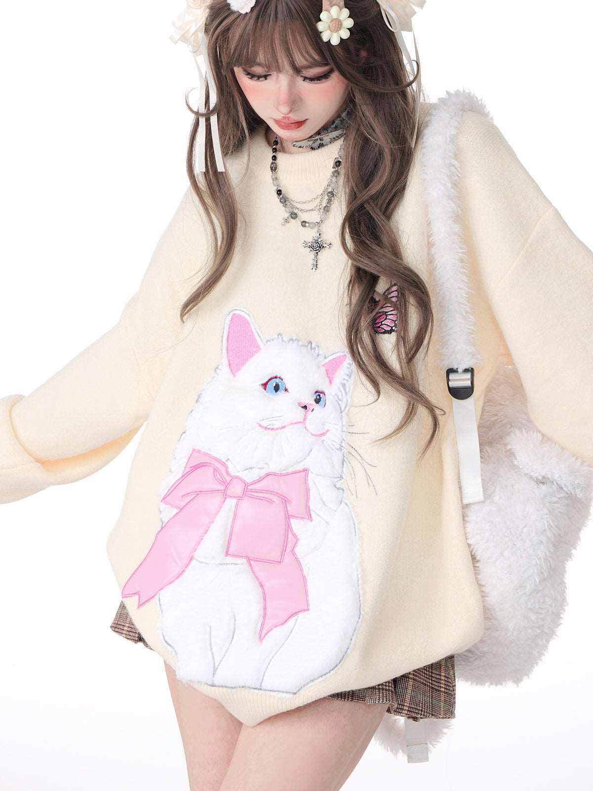 Cat With Bow Print Pullover Knitted Embroidery Oversize Sweater