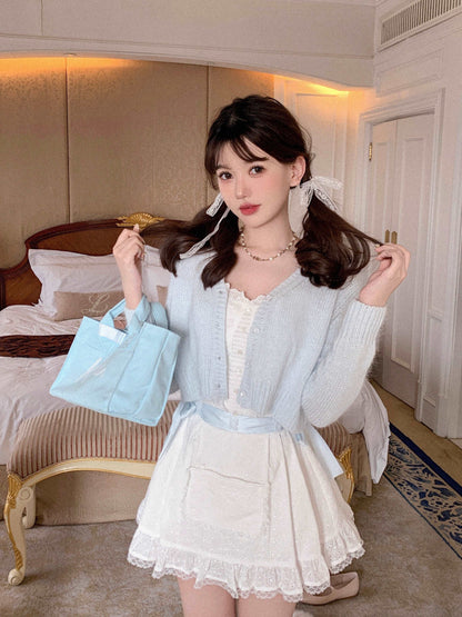 Creamy Sweet Blue Ribbon White Lace Camisole Top & Skirt & Cardigan Three Piece Set