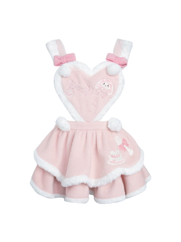 Serendipity Strawberry Dessert White Top & Pink Suspender Dress & Rabbit Ears Cape Three Piece Set