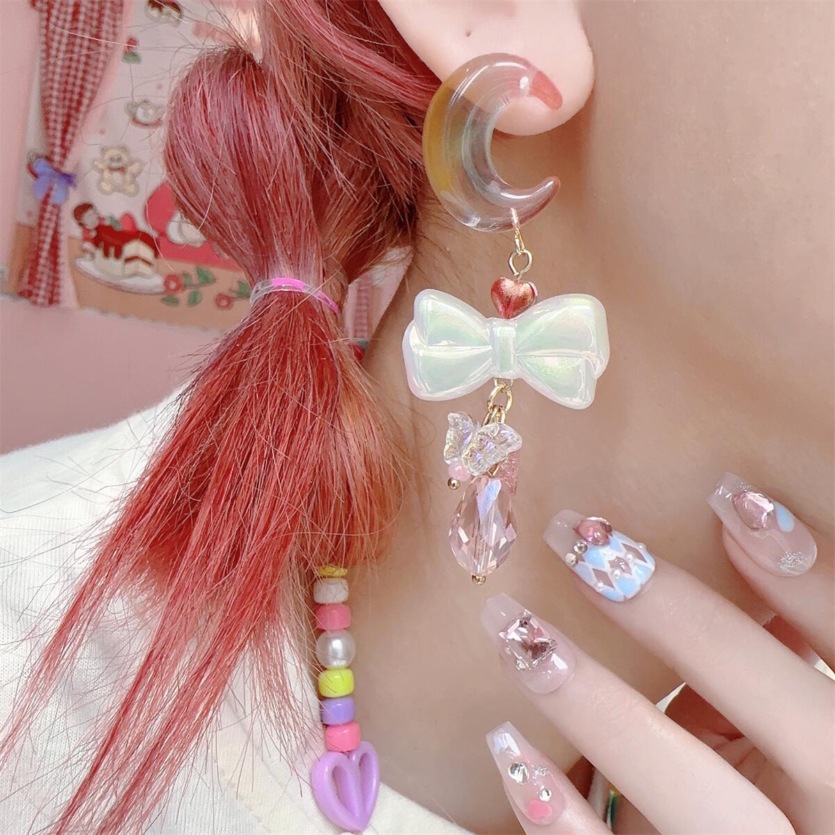 Jelly Crescent Moon Bow Cute Sweet Earrings