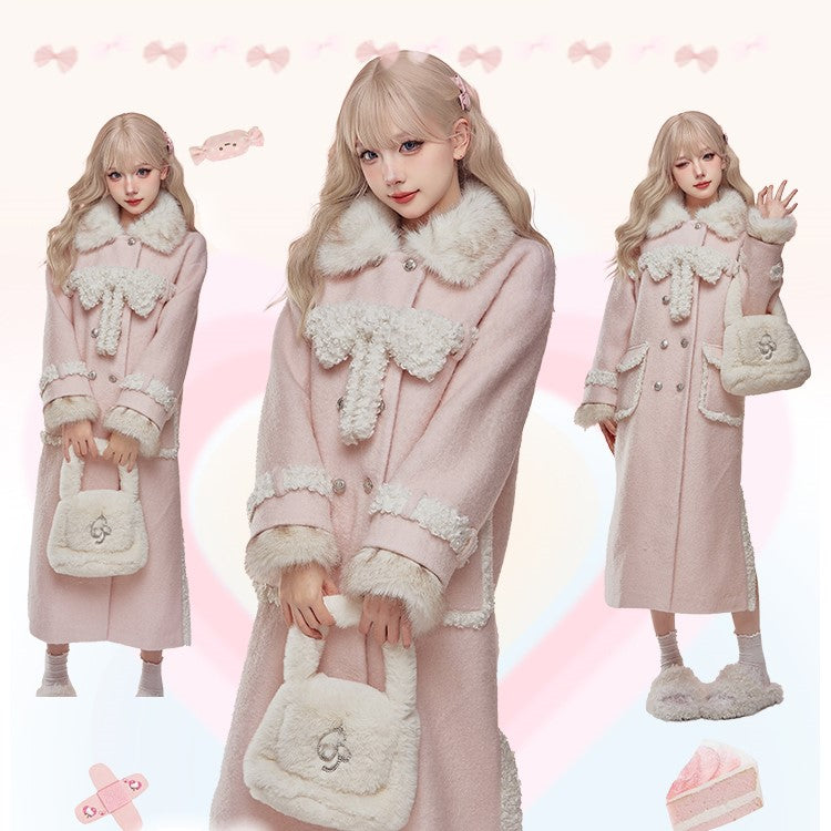 Serendipity Winter Pink Plush Long Woolen Coat & Mini Skirt Two Piece Set