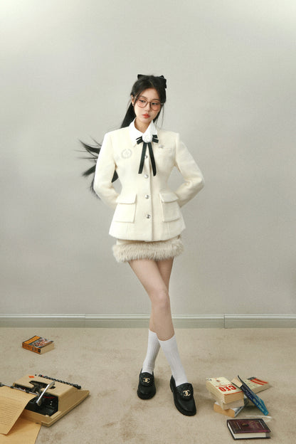 Monet Elegant Chic Winter White Fur Woolen Jacket & Skirt Two Piece Set