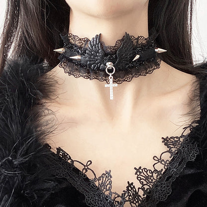 White Black Wings Coquette Cross Lace Choker Necklace