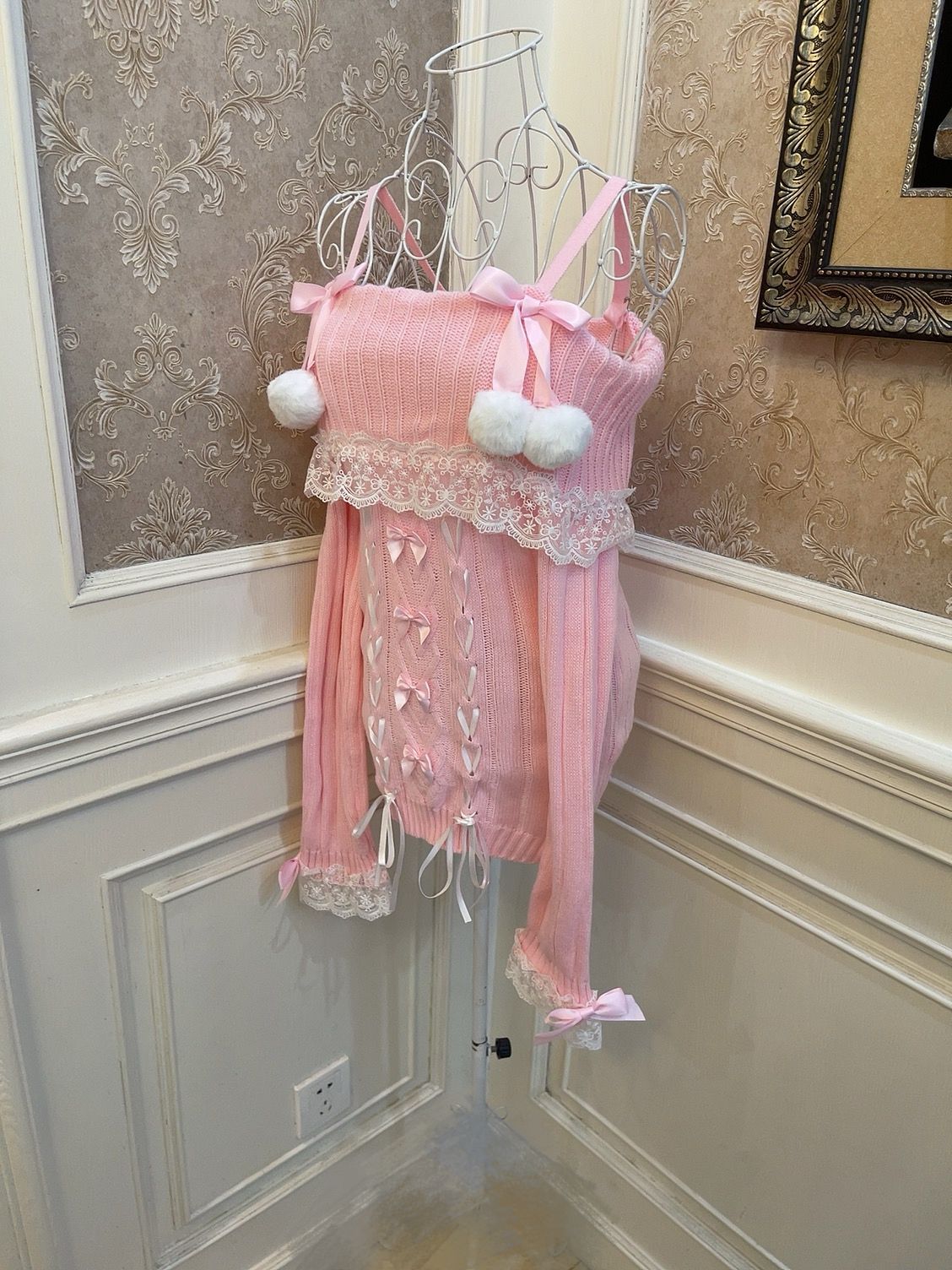 Sweetheart Princess Pompom Balls Pink Off Shoulder Sweater & White Ruffled Skirt Two Piece Set