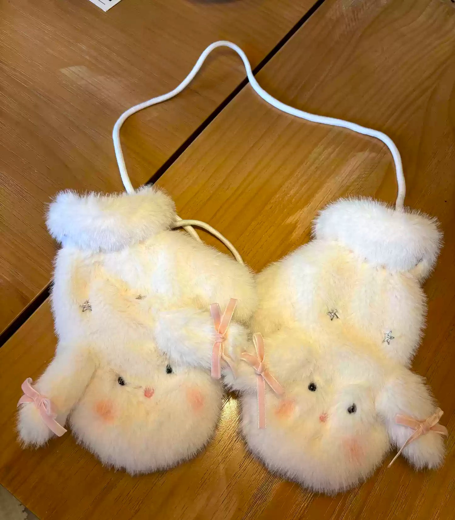 Peach Bubble White Rabbit Plush Hat Scarf Gloves Bag Set