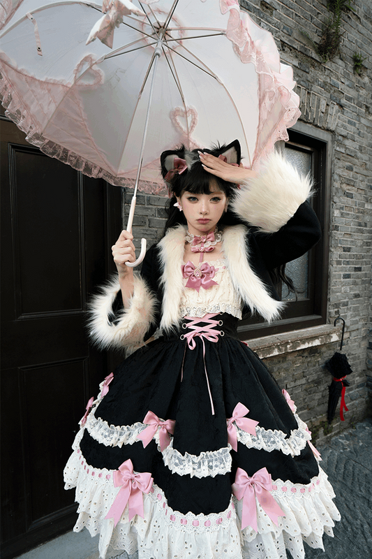 Contract of Love Lolita EGL Black Blue Red Pink Cream Cat Girl Strap Dress Fur Jacket Two Piece Set