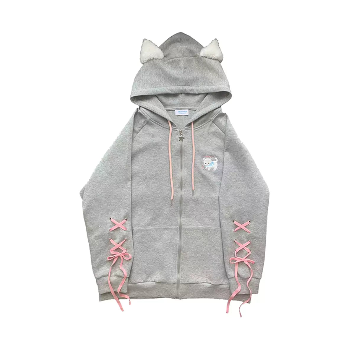 Cute Gray Cat Ears Y2K Coquette Ribbon Hoodie Jacket