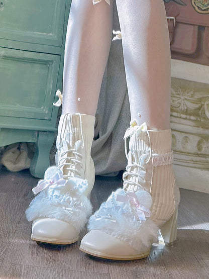 Pinky Rabbit Ears Plush Pearl Knit Coquette Winter Heels Boots Shoes & Lace Balletcore Leg Warmers