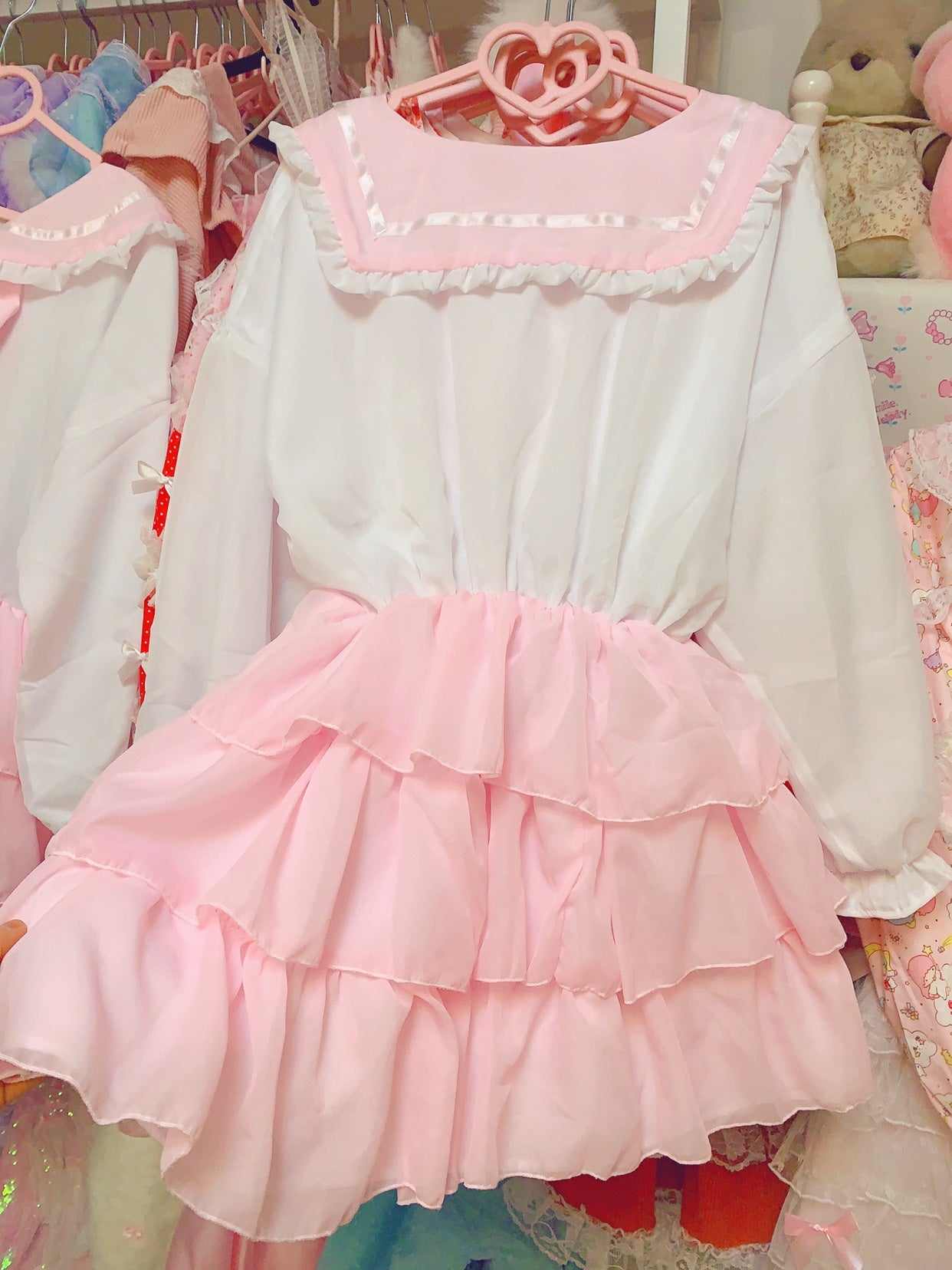 Candy Fairy Cosplay Sailor Collar Bow Sweet Ruffled Pink White Dress