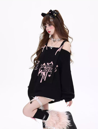 Crazy Girl Heavenly Body Star Black Pink Knit Off Shoulder Sweater