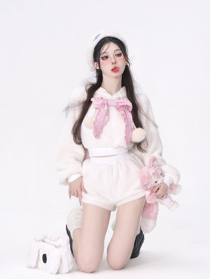 Young Eyes Sweet Bow Bunny Rabbit Hoodie Plush Shorts Two Piece Set