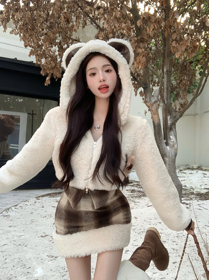 Plaid Beige White Brown Cute Fall Winter Bear Ears Hooded Jacket Skirt Two Piece Set