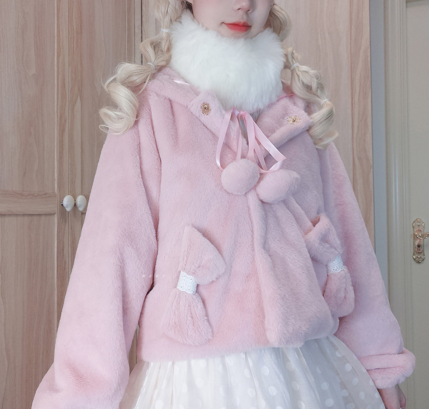 Pompom Bow Plush EGL Hooded Jacket Winter Coat