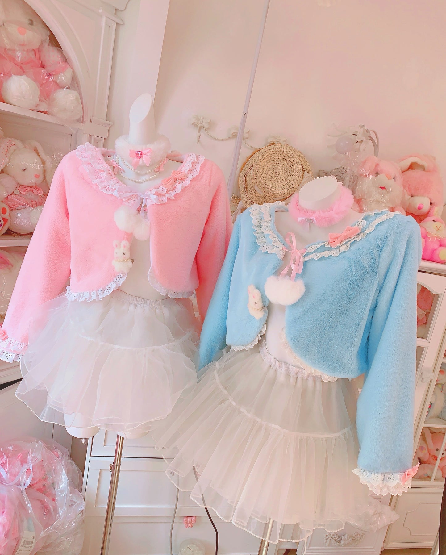 Candy Fairy Pink Blue Lace Sailor Collar Bow Plush Fur Jacket