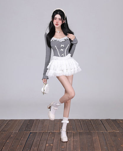 Kiki Lace Cool Gray White Black Shirt Top & Skirt Two Piece Set