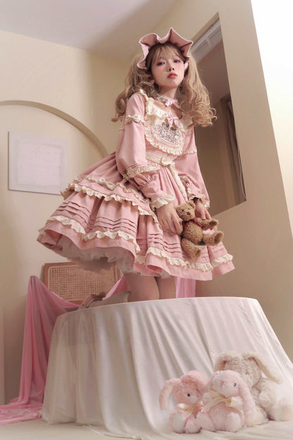 EGL Bear Pink Brown Puff Sleeve Ruffle Cake Dress