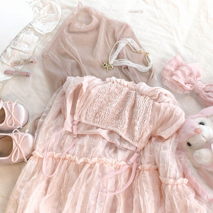 Dormir Doll Cream Bow Chiffon PInk Blue Ruffled Strap Dress