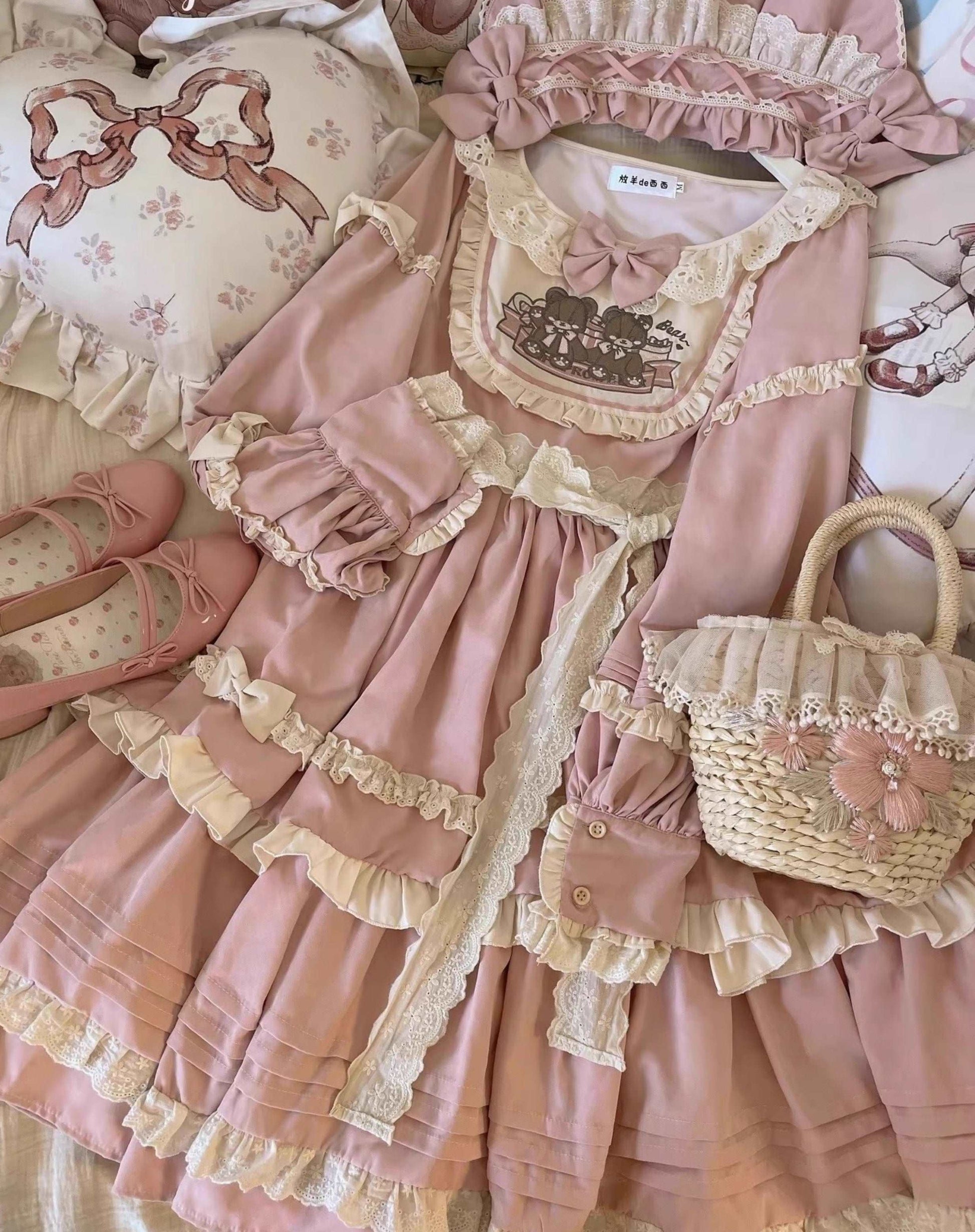 EGL Bear Pink Brown Puff Sleeve Ruffle Cake Dress