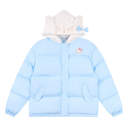 Pink Blue Cartoon Kitty Cat Plush Hooded Winter Thick Padded Puffer Jacket