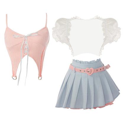 Serendipity Coquette White Sheer Little Cardigan & Pink Sexy Strap Camisole & Blue Pleated Mini Skirt Three Piece Set