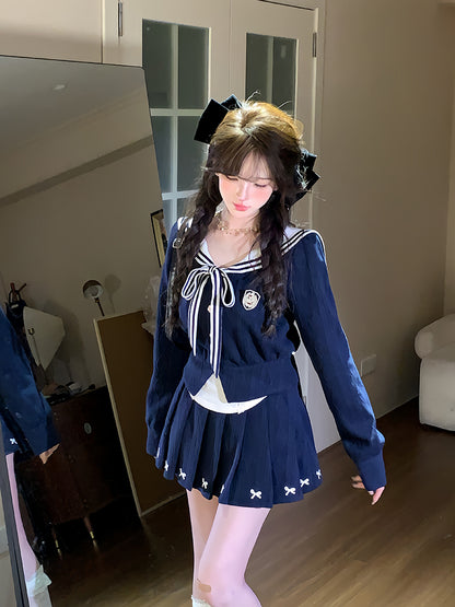 Creamy Sweet Manhwa Navy Blue Sailor Collar Sweater & Skirt Two Piece Set