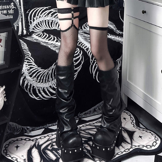 Pocket Cat Gothic Goth Girl Honeysuckle Black & White Chunky Knee High Boots