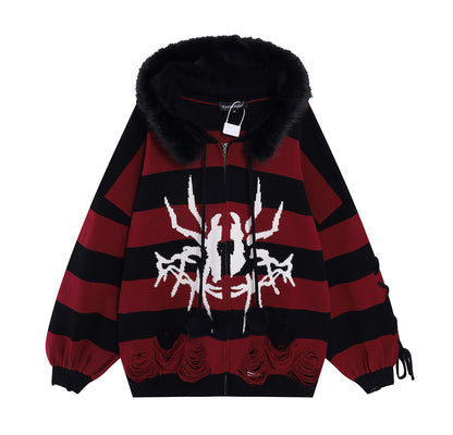 Crazy Girl Spider Punk Striped Gray Black White Purple Red Fur Jacket Hoodie