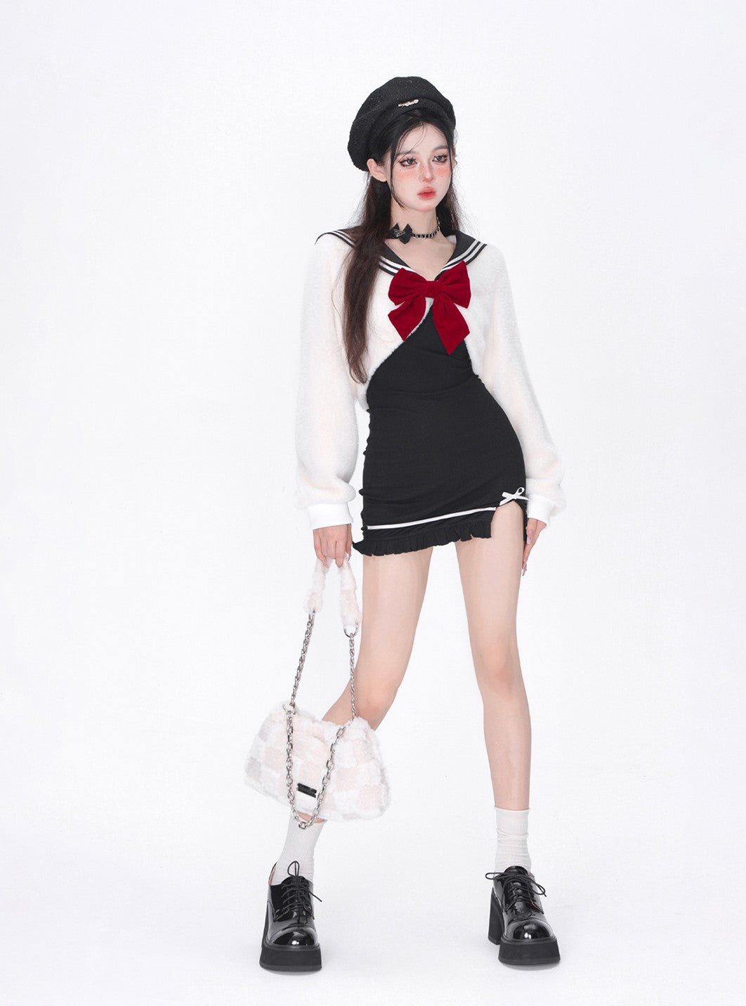 Young Eyes Black Bondycon Spaghetti Strap Dress & Plush White Sailor Collar Jacket Two Piece Set