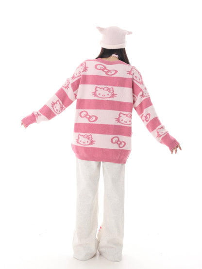 Kitty Cat Striped Pink Black Knit Y2K Pullover Sweater