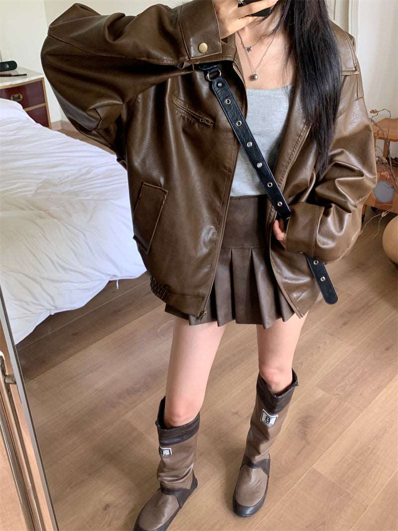 Chic Trendy Winter Brown Black Leather Jacket Skirt Two Piece Set