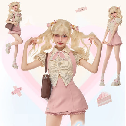 Serendipity Sweet Bow Beige Striped Puff Sleeve Shirt & Pink Suspender Skirt Two Piece Set