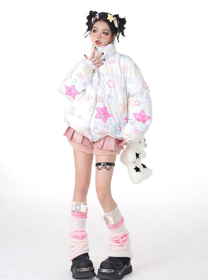 Young Eyes Winter Graffiti Kitty Melody White Puffer Jacket Coat