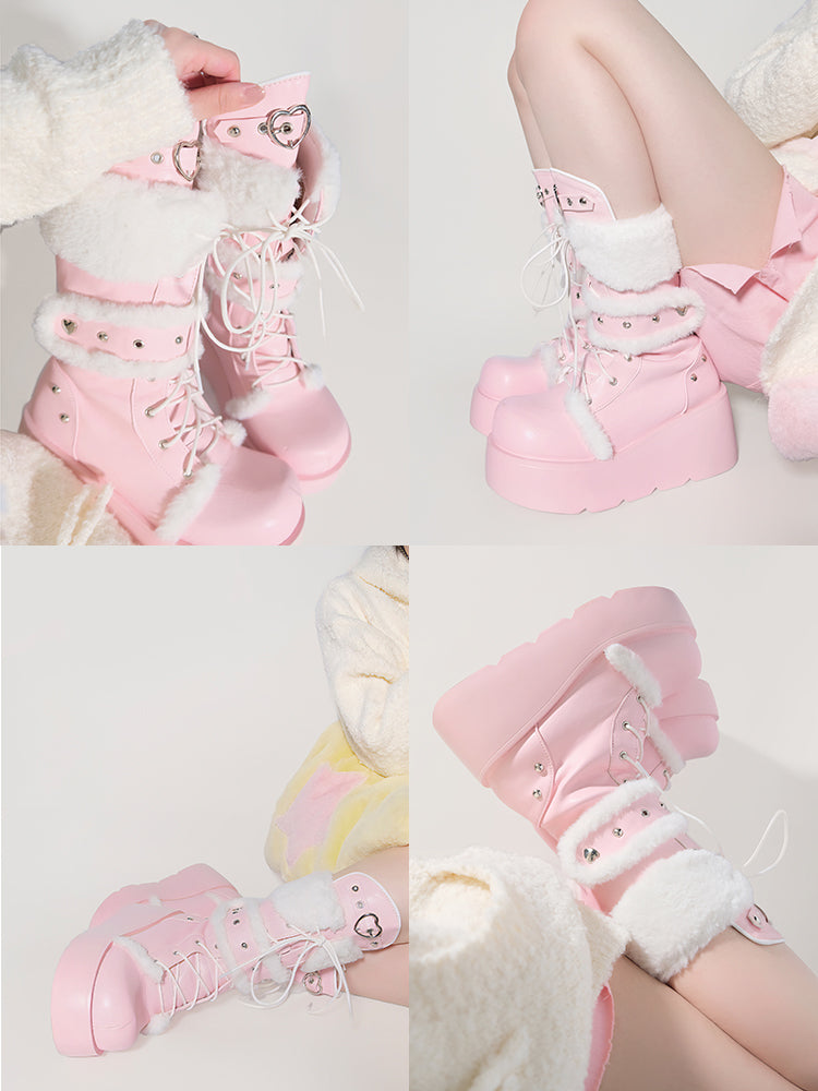 Transfer Student Snow Velvet Pastoral Pink Black White Tall Boots Shoes