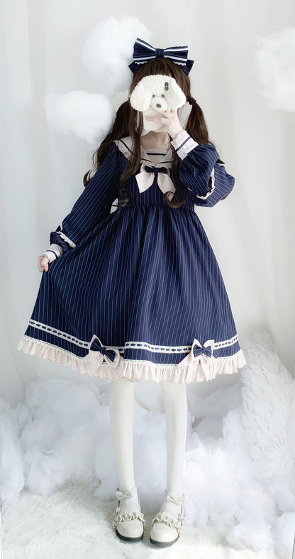 Lolita Sailor Collar Navy Blue & Sky Blue Bow Long Sleeve Dress