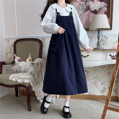 Autumn Mori Girl Heart Navy Blue Black Brown Green Dress Suspender Skirt & White Shirt Blouse Two Piece Set