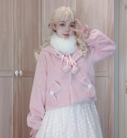 Pompom Bow Plush EGL Hooded Jacket Winter Coat