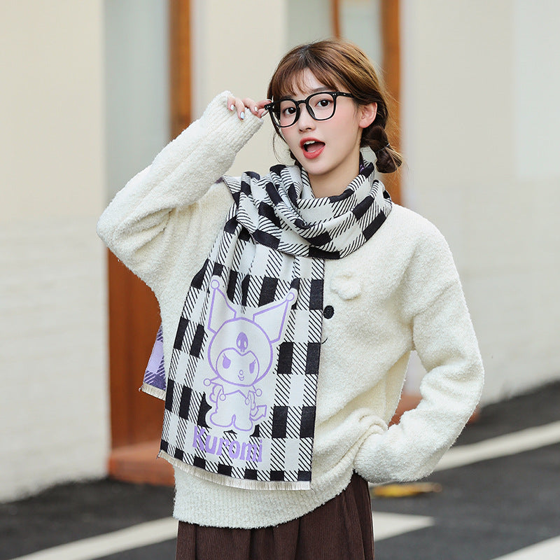 Melody Purple Devil Cartoon Checkerboard Pattern Winter Scarf Scarves