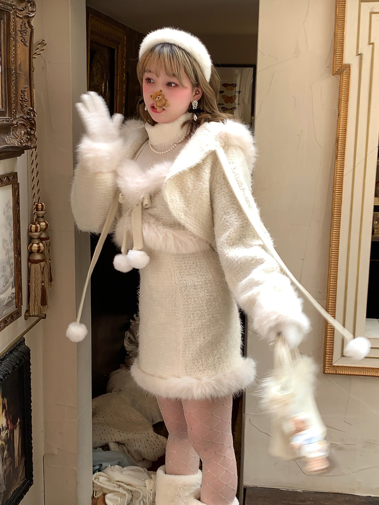 Picnic Girl Winter Milky White Fur Jacket Sweater Skirt Three Piece Set