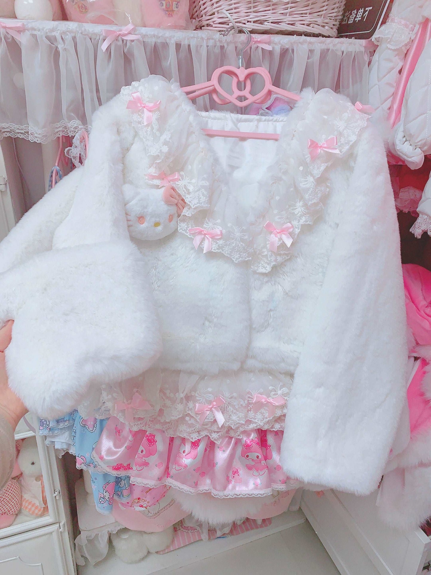 Candy Fairy Lace Kitty Cat Coquette Winter White Plush Fur Jacket