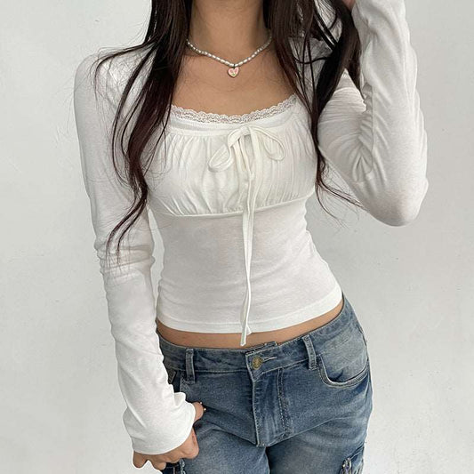 Coquette Lace Collar Pleated White Top Shirt