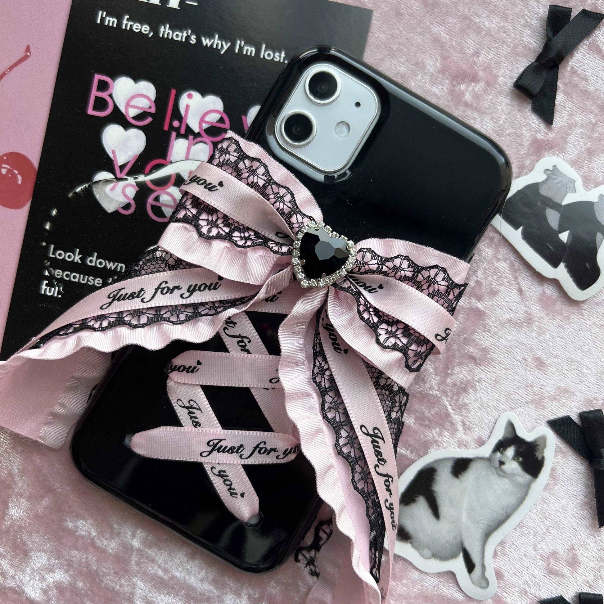 Candy Bunny Sweet Coquette Heart Bow Black Pink Phone Case Charm Strap Chain