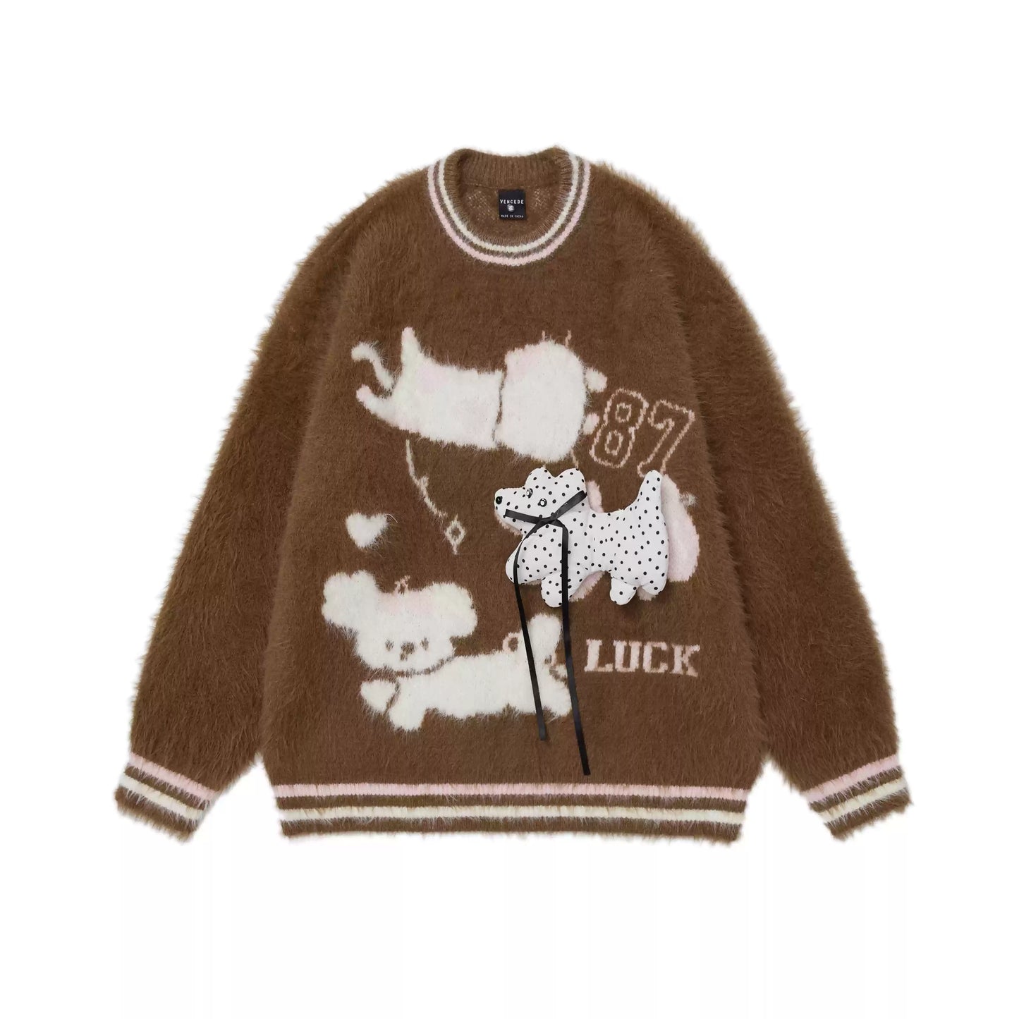 Crazy Girl Lucky Puppy Dog Brown Yellow Fuzzy Sweater