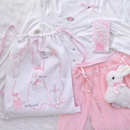 Coquette Girl Sweet Rabbit White & Pink Bow Handmade Drawstring Cinch Bag