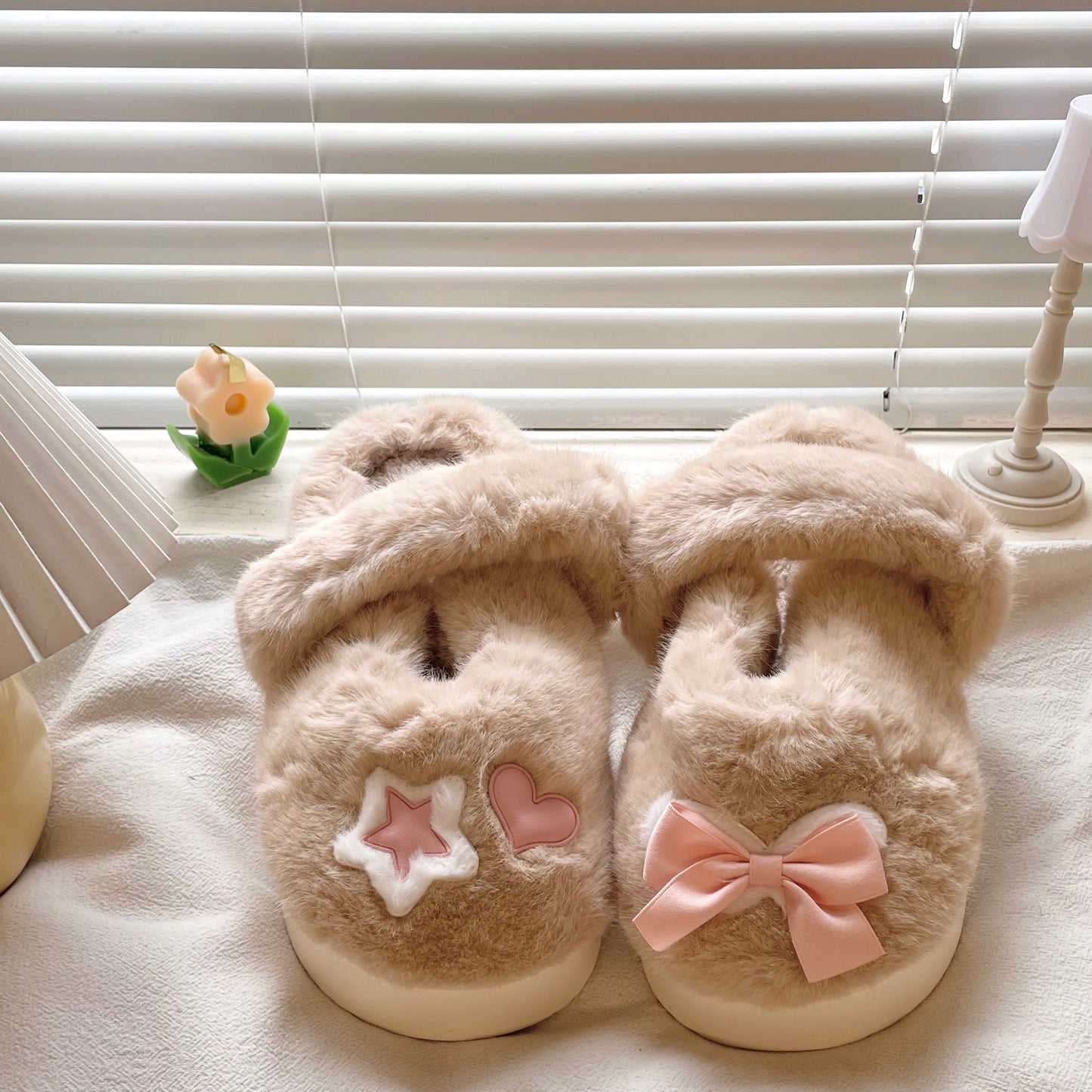 Pink Bow Star Heart Love Plush Fluff Slippers Shoes