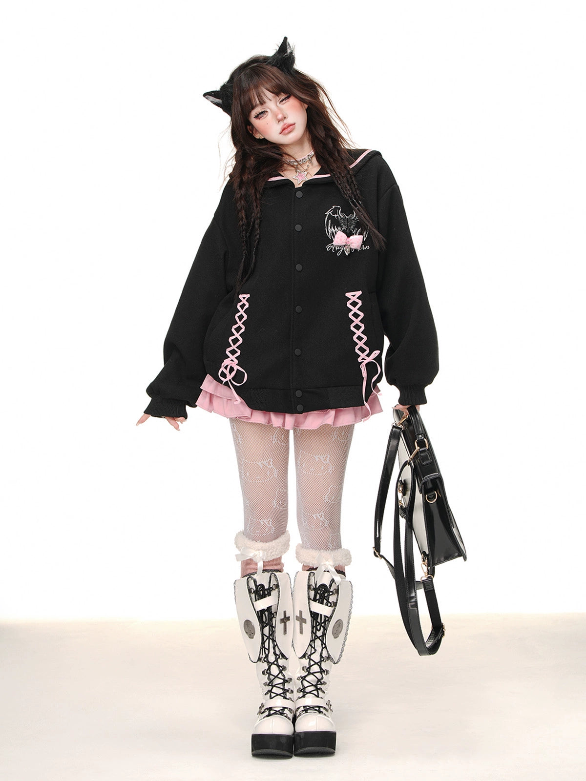 Young Eyes Heart Signal Sailor Collar Black Jacket Sweater