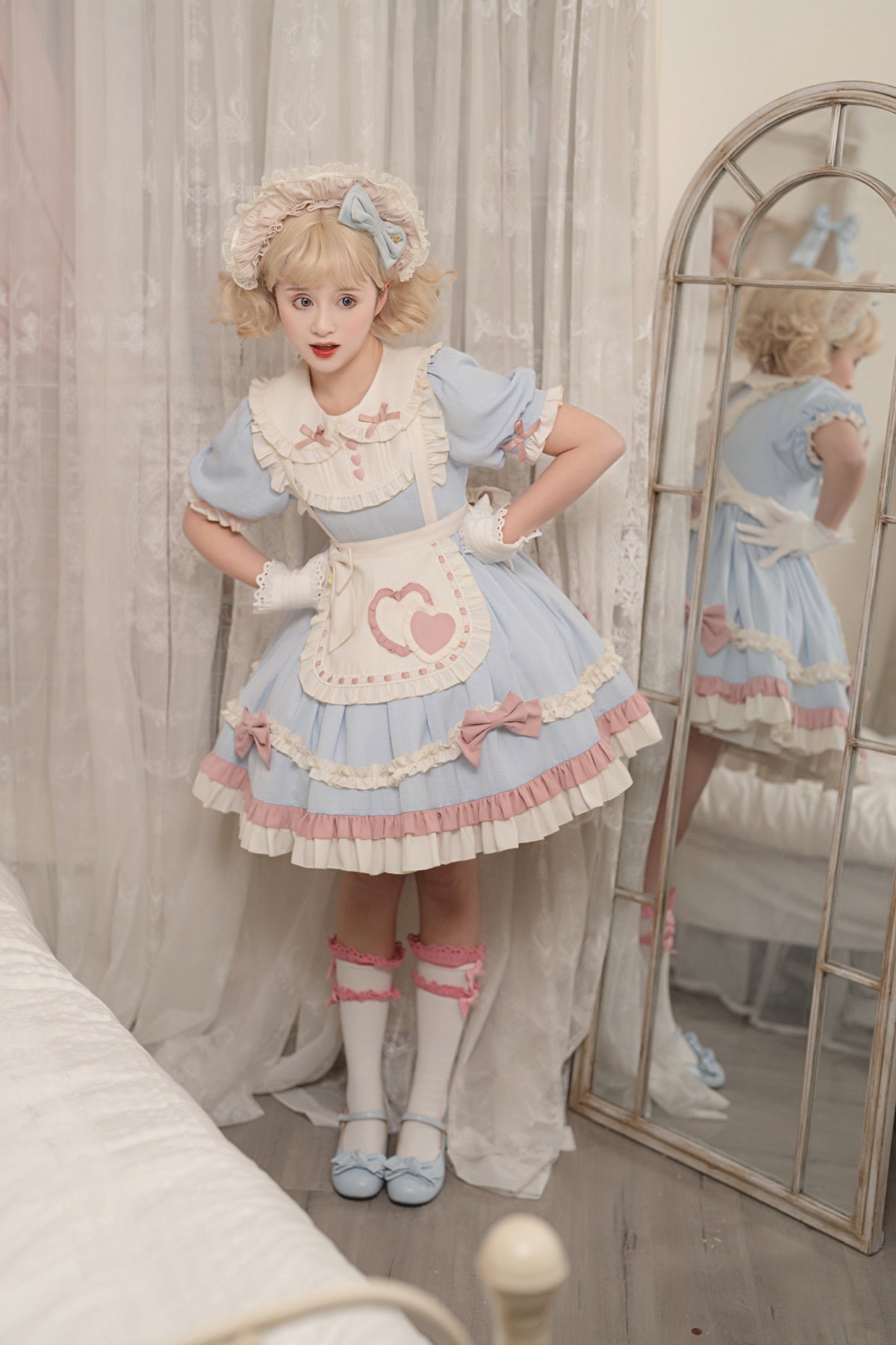 Lolita Pastel Blue Pink Maid Apron Puff Sleeve Princess Dress