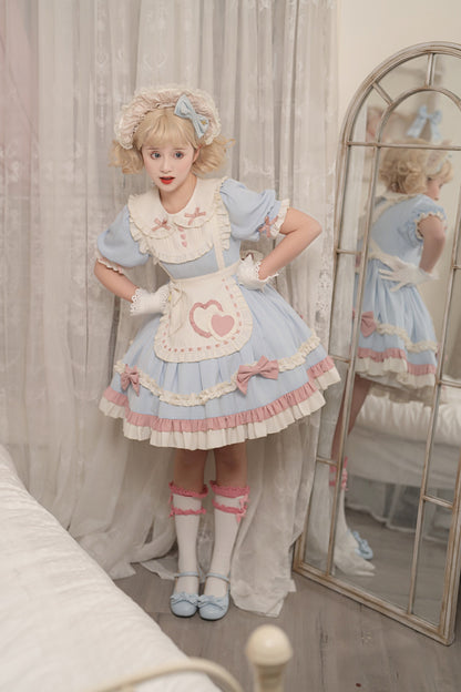 Lolita Pastel Blue Pink Maid Apron Puff Sleeve Princess Dress