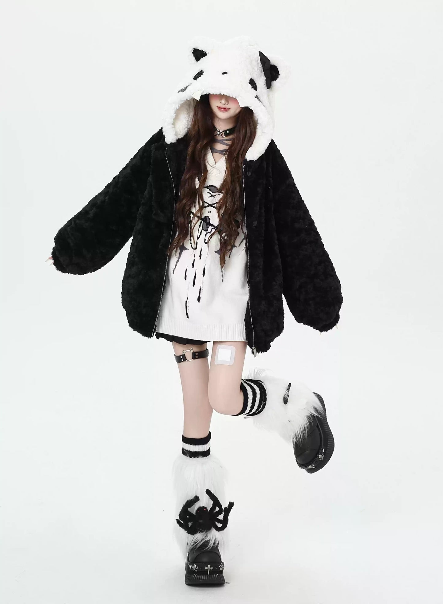 Crazy Girl Plush Party Cat Ears Black White Winter Jacket