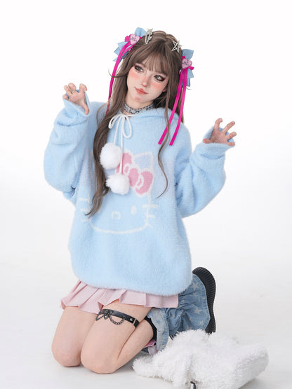 Young Eyes Sweet Kitty Cat Cartoon Pink Blue Fuzzy Hoodie Sweater